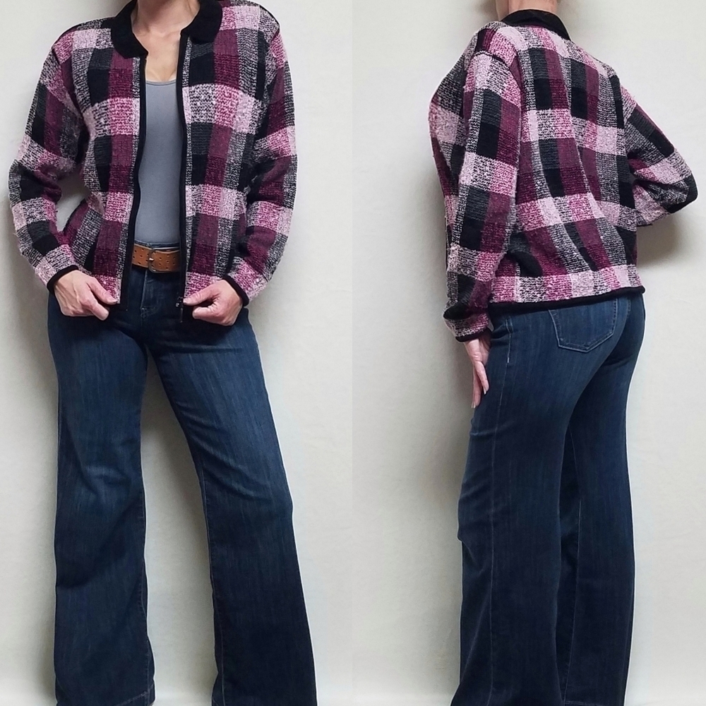 VINTAGE 90s Dressbarn Pink Plaid Wool Boucle Knit Chenille Trim Zip Up Jacket L